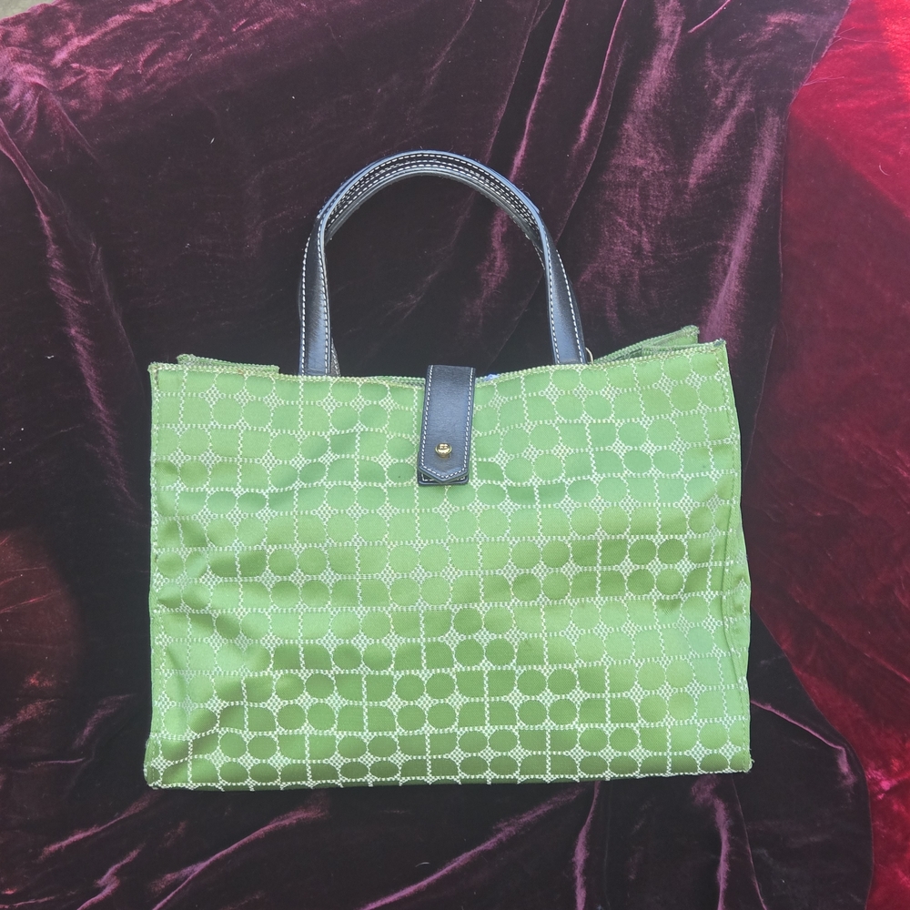 Kate Spade Green Dot Jacquard Tote Bag Black Leather Trim Shoulder Purse